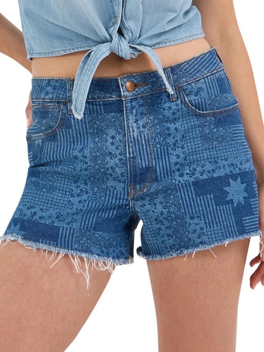 Wrangler Blue Patchwork-Print Denim Cutoff Shorts